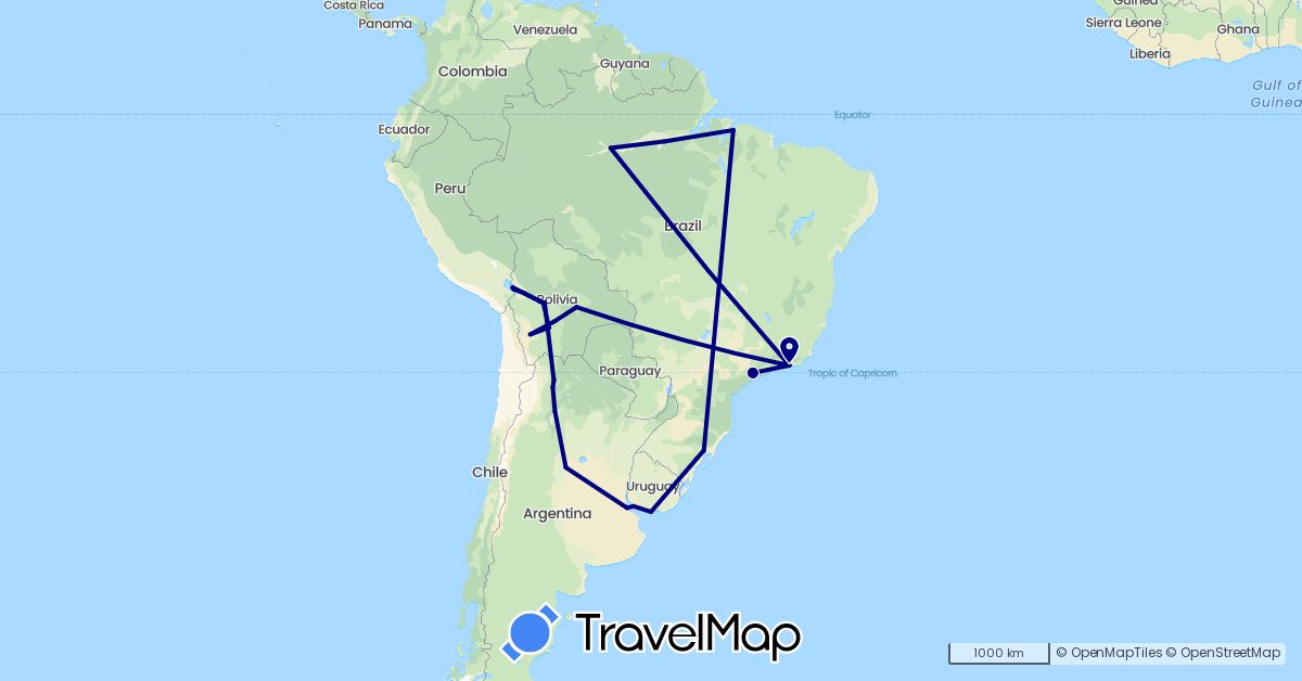 TravelMap itinerary: driving in Argentina, Bolivia, Brazil, Uruguay (South America)